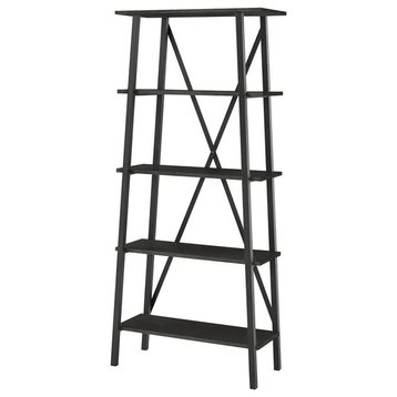 Rustic Bookcase, Metal Frame With Crossed Back Support & 4 Open Shelves, Black