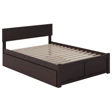 Contemporary Platform Bed, Headboard With Adjustable Height & Trundle, Espresso