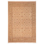 Bareens Designer Rugs - Antique Vegetable Dyed Taj Kassie Ivory/Tan Wool Rug - 8'0'' x 10'2'' - Designed with mesmerizing intricacy and gorgeous color palette, this hand-knotted masterpiece demonstrates the beauty and electrifying thrill of Pak Persian art. These meticulously hand-knotted Pak-Persian rug is made with pure wool and features breathtaking traditional, transitional, and tribal designs in bold luxurious color pallets. Known for their intricate designs these rugs are a reproduction of Persian rugs, made in Pakistan with unique Mughal designs. Made by master weavers using the same Persian texture, design and dying technique, we wanted to produce the most significant manifestation of Persian art, life, and culture. This rug is most famous for its exceptional quality, incredible designs, patterns, and vibrant rich color. Pak-Persian rugs made with Persian weave with high knot counts, which enables the high intricacy and detail found in the patterns are also referred to as "State of art", each color adds a rich beautiful detail in the artwork of this rug. The design, color, and beautiful chromatic composition with a vibrant sheen with intricate designs, exude beauty, elegance, and quality make this rug a masterpiece of its own.