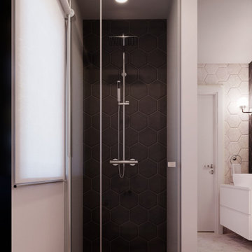 Walk-in Shower with Contrasting Black Accent Wall