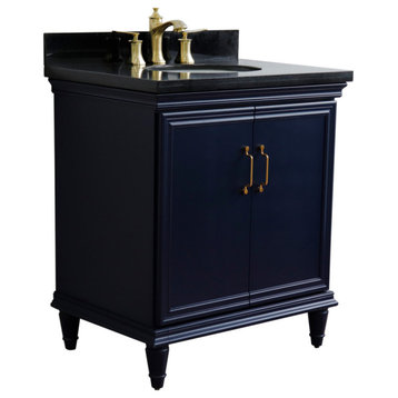 31" Single Vanity, Blue Finish With Black Galaxy And Oval Sink