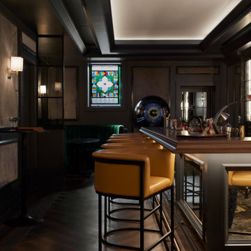 Sophisticated Dark Home Bar with Custom Wooden Countertop