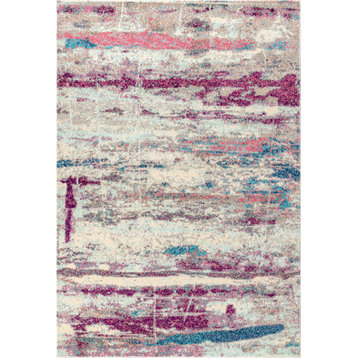 Contemporary POP Modern Abstract Brushstroke Area Rug, Cream/Pink, 8 X 10