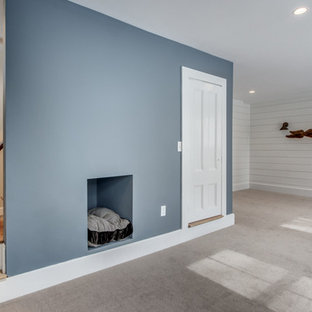 Large victorian walk-out basement in Boston with blue walls, carpet and no fireplace.