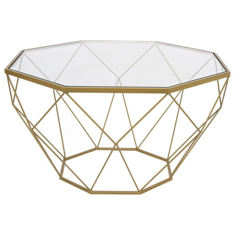 LeisureMod Malibu Modern Geometric Glass Top Coffee Table, Gold