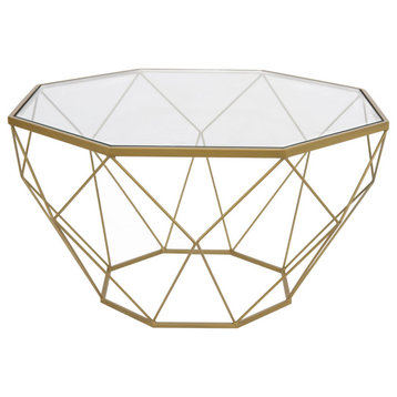LeisureMod Malibu Modern Geometric Glass Top Coffee Table, Gold