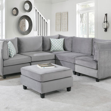 Zelmira 90" Gray Velvet 6Pc Modular Sectional Sofa