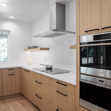 Japandi kitchen, rift cut vertical grain cabinets, quartz countertops