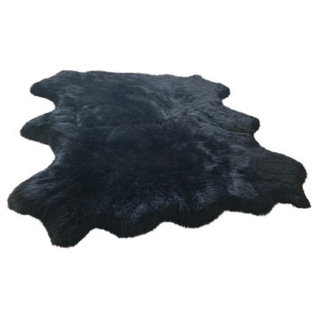 Super Soft Faux Sheepskin Silky Shag Rug, Black, 6'x6'