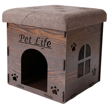 Foldaway Collapsible Designer Cat House Furniture Bench, Dark Wood