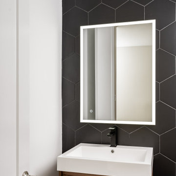 Powder Room with Black Hexagon Tiles and Floating Veneto Bath Walnut Vanity
