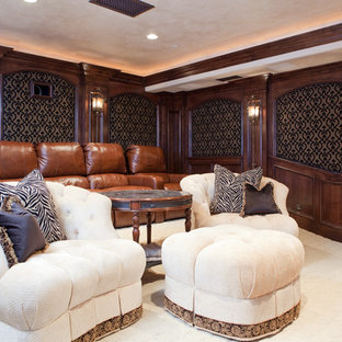 This is an example of a large mediterranean enclosed home cinema in San Diego with brown walls, carpet, a projector screen and white floors.