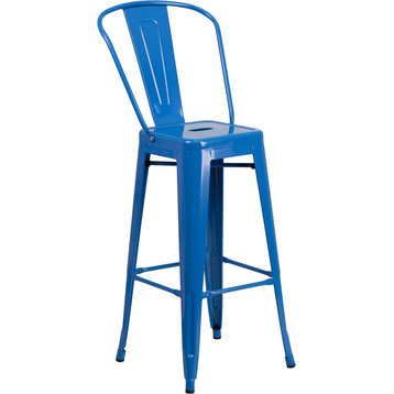 Flash Furniture 30" High Blue Metal Indoor-Outdoor Barstool With Back