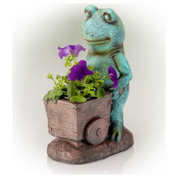 Alpine Frog Holding a Wagon Statue, 15"Tall