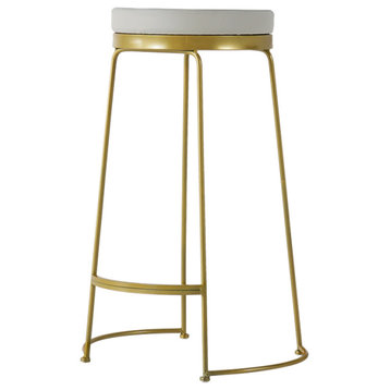 Gold & Beige PU Leather Upholstered Round Bar Height Stool Backless, Set of 2