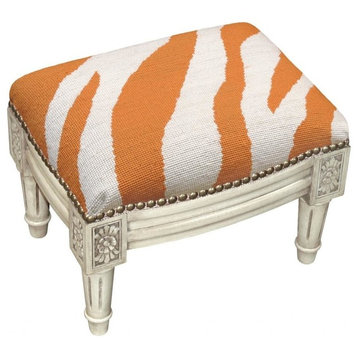 Zebra Wool Needlepoint Wooden Footstool, Orange With Antique White Wash
