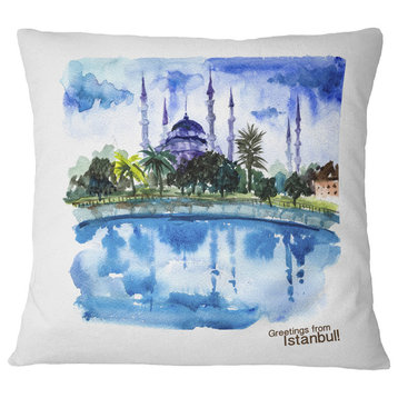 Istanbul Hand Drawn Illustration Cityscape Painting Throw Pillow, 18"x18"