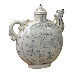 Chinese Oriental Ceramic Cream White Outline Graphic Bird Head Jar - Decorative Jars And Urns