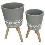 Sagebrook Home - 11/15" Diamond Planter With Wood Legs, Gray - Cement planter with etched pattern and attached saucer works well both indoor and outdoor. The etched pattern gives it texture and design. Perfect for any home or office.