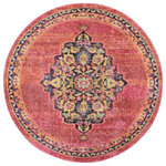 Nourison - Nourison Passionate Area Rug, Pink Flame, 5'3" Round - With a striated red and pink field, the dramatic corner and medallion design of this Passionate Collection rug creates a Bohemian vibe in any room. Distressed, abrash tones mirror the vintage look of classic Persian rugs, with beautifully ornate floral accents on an soft, easy-care pile.