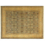 Bareens Designer Rugs - Tabriz Pak Persian Alayna Blue/Gold Wool Rug - 10'0'' x 14'2'' - Designed with mesmerizing intricacy and gorgeous color palette, this hand-knotted masterpiece demonstrates the beauty and electrifying thrill of Pak Persian art. These meticulously hand-knotted Pak-Persian rug is made with pure wool and features breathtaking traditional, transitional, and tribal designs in bold luxurious color pallets. Known for their intricate designs these rugs are a reproduction of Persian rugs, made in Pakistan with unique Mughal designs. Made by master weavers using the same Persian texture, design and dying technique, we wanted to produce the most significant manifestation of Persian art, life, and culture. This rug is most famous for its exceptional quality, incredible designs, patterns, and vibrant rich color. Pak-Persian rugs made with Persian weave with high knot counts, which enables the high intricacy and detail found in the patterns are also referred to as "State of art", each color adds a rich beautiful detail in the artwork of this rug. The design, color, and beautiful chromatic composition with a vibrant sheen with intricate designs, exude beauty, elegance, and quality make this rug a masterpiece of its own.