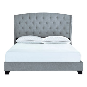 King Tufted Wing Bed, Linen, Gray, Queen