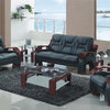 9025 Black Bonded Leather Three Piece Sofa Set With Mahogany Arms