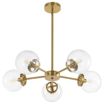 5-Light Sputnik Chandelier With Glass Globe Shades, Gold Finish, Clear Glass