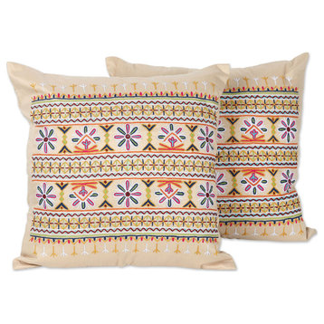 Novica Handmade Merry Meeting Embroidered Cotton Cushion Covers (Set Of 2)