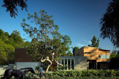 1950s brown two-story wood exterior home idea in Los Angeles