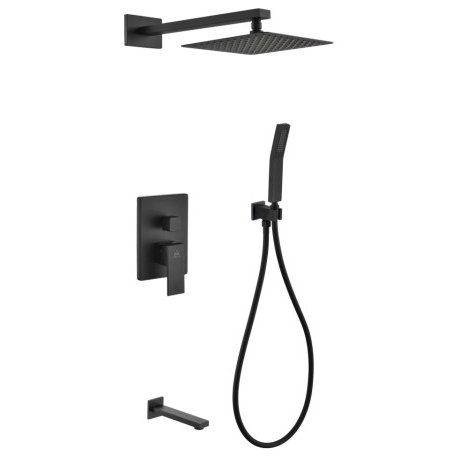 Aqua Piazza Set, 8" Square Rain Shower, Tub Filler and Handheld, Matte Black