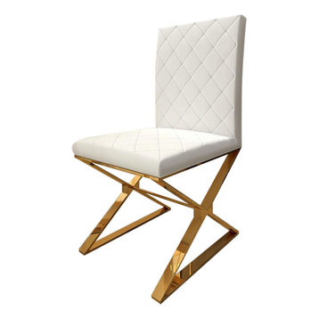 Modern Upholstered White PU Leather Dining Chair Set of 2 Stainless Steel Gold