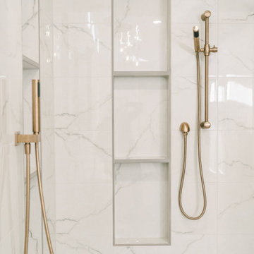 Warm Modern Primary Bathroom Remodel in Olathe