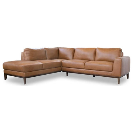 Milton Modern Living Room Top Leather Corner Sectional Sofa in Cognac Tan