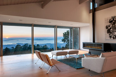 Large 1960s open concept light wood floor living room photo in San Francisco with white walls, a ribbon fireplace and a metal fireplace