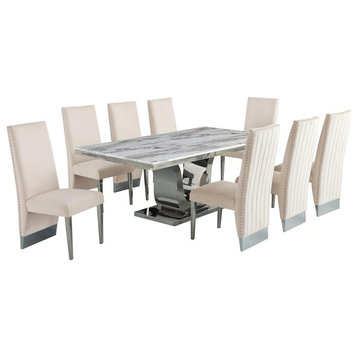 Silver Stainless Steel 9 Piece Dining Set with Marble Table and Cream Chairs