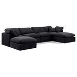 Meridian Furniture - Indulge Upholstered Modular U-Shaped Sectional, Black, 6-Piece: 2 Armless Chair, 2 Corner Chair, 2 Ottoman, Down Stuffed Velvet - Experience ultimate comfort and style with our black velvet Indulge Sectional. The luxurious velvet will elevate the aesthetic of any room. This sofa provides ample space for you to relax while its modular build offers the option of unlimited configurations. Whether you're looking to add a stylish element to your living room or a comfortable seating option to your bedroom, this sofa is the perfect choice.