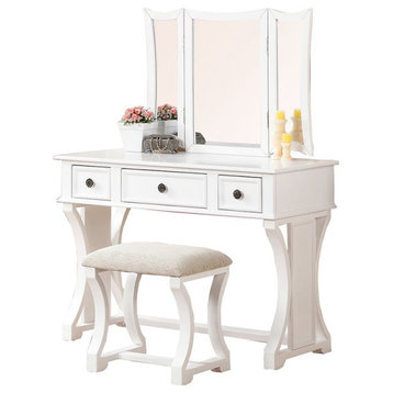 Poundex Furniture Wood Vanity Set with Stool and Mirror in White