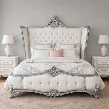 French Provincial Solid Teak Wood Bed | Tall Tufted Headboard