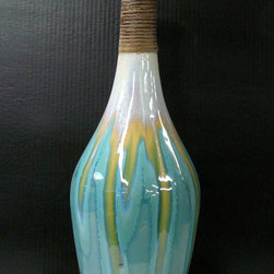 Round Ceramic Turquoise Bamboo Decor Vase - Vases