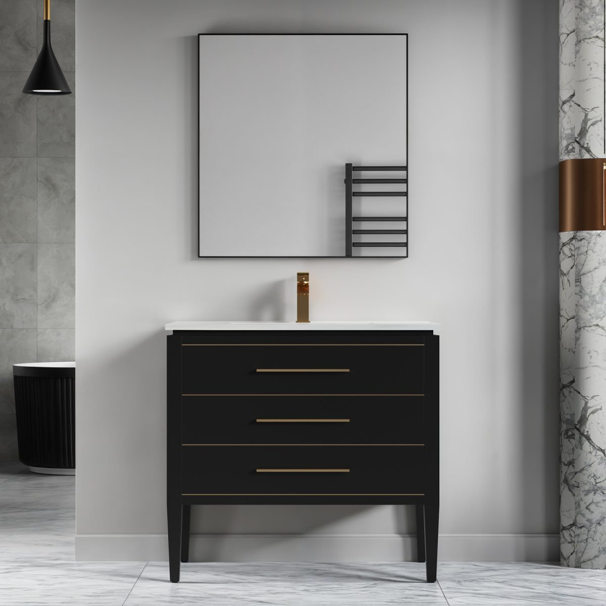 Grace Bathroom Vanity, Black With Brass Trim, 36", Single Sink, Freestanding