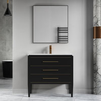 Grace Bathroom Vanity, Black With Brass Trim, 36", Single Sink, Freestanding