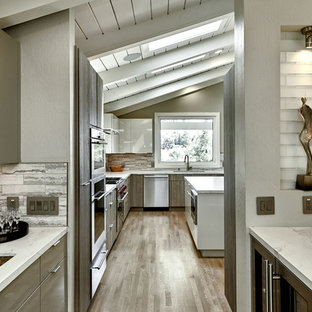 サンフランシスコの小さいコンテンポラリースタイルのおしゃれなウェットバー (アンダーカウンターシンク、フラットパネル扉のキャビネット、グレーのキャビネット、クオーツストーンカウンター、グレーのキッチンパネル、トラバーチンの床、淡色無垢フローリング、茶色い床、グレーのキッチンカウンター) の写真