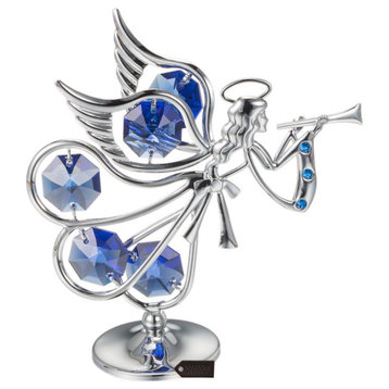 Chrome Plated Crystal Studded Silver Flying Angel Playing A Trumpet Ornament