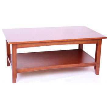 Transitional Coffee Table, Hardwood Construction With Bottom Open Shelf, Cherry