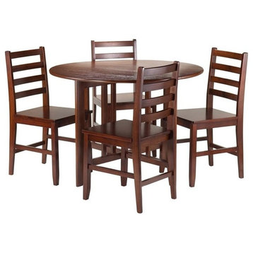 Pemberly Row 5-Piece Round Drop Leaf Solid Wood Dining Set in Antique Walnut