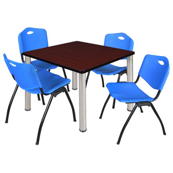 Kee 42" Square Breakroom Table- Mahogany/ Chrome & 4 'M' Stack Chairs- Blue