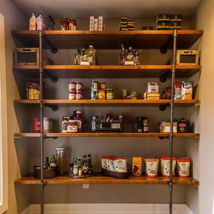 Mid-sized transitional kitchen pantry designs - Kitchen pantry - mid-sized transitional single-wall kitchen pantry idea in Omaha with open cabinets and dark wood cabinets