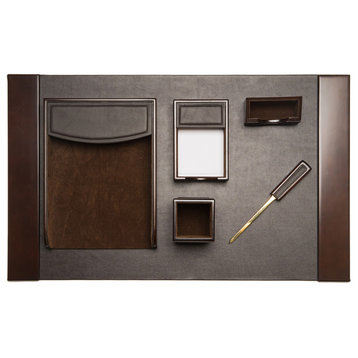 6-Piece "Walnut" Wood and Brown Leather Desk Set