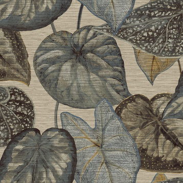 Tropical Leaves Print Textured Wallpaper, Grey/Blue, Double Roll